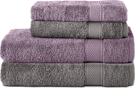 Komfortec Handdoekenset 2x handdoek 50x100 cm + 2x badhanddoek 70x140 cm - 100% Katoen - Antracietgrijs&Violet