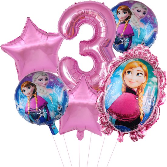 Frozen ballonnen set verjaardag 3 jaar - cyclaam roze - 6 delig