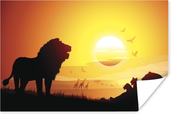 Poster Illustratie van een landschap in Afrika tijdens een zonsondergang - 90x60 cm