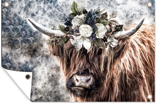 Décoration de jardin montagnard écossais - Fleurs - Brume - 60x40 cm - Affiche de jardin - Toile de jardin - Affiche d'extérieur