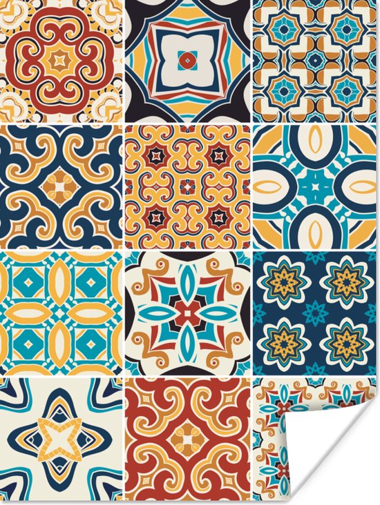 Poster Bloemen - Vintage - Patroon - Blauw - Oranje