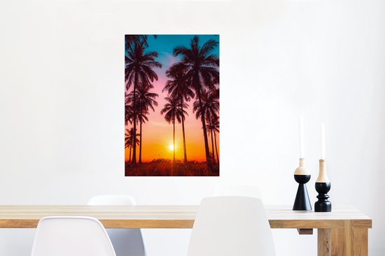 Poster Palmier - Coucher de soleil - Horizon - Plage - Oranje - Rose - 60x90 cm - Décorations de Noël - Décoration de Noël pour intérieur - Noël