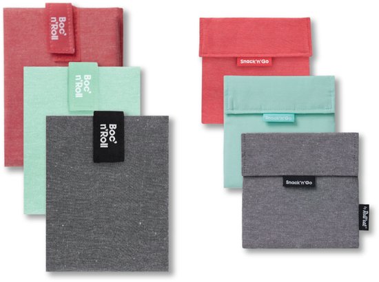 Roll'Eat - 3 x Boc 'n Roll + 3 x Snack 'n Go - Rouge Nature + Menthe Nature + Noir Nature - Film alimentaire - Réutilisable