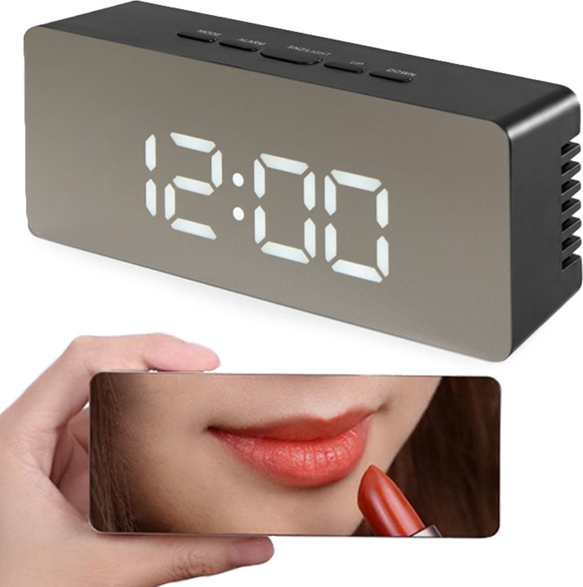 Kebidu® Luxe Digitale Spiegel Wekker - Inclusief 4X AAA- Batterijen -Inclusief Temperatuurmeter - Met LED - Met USB - Slaapkamer - Met Snooze Functie - Nachtlampje - Zwart