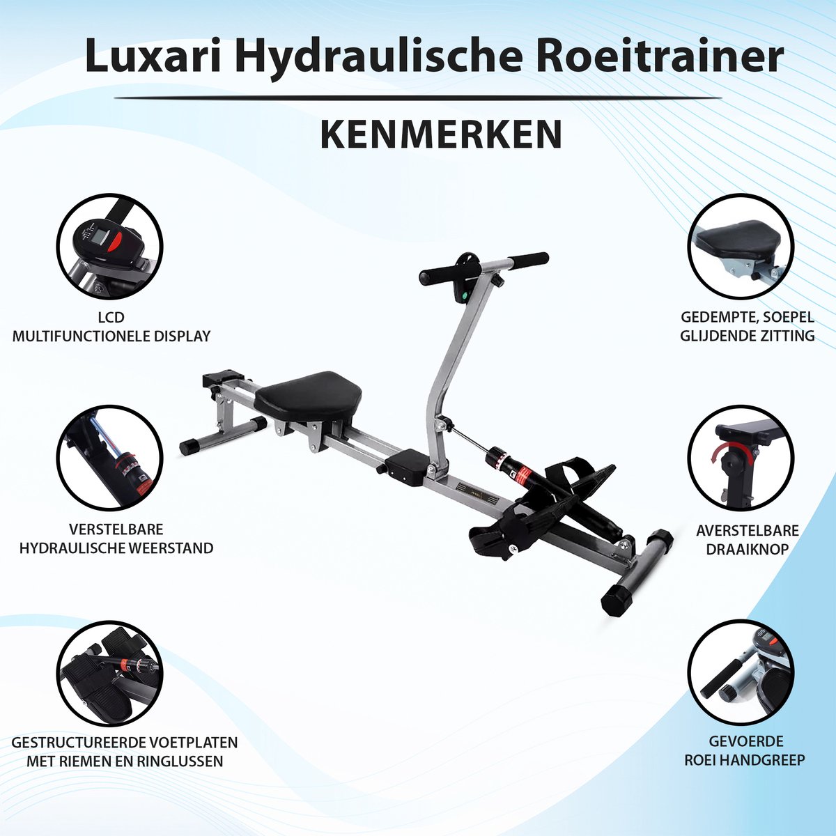 Afbeelding 2 van Luxari - Hydraulische Roeimachine - 12 Weerstand niveaus - Hometrainer - Roeiapparaat Fitness - Met LCD trainingscomputer