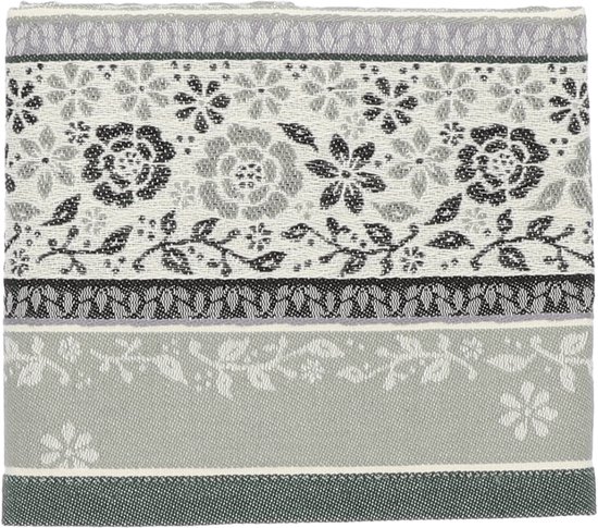 Torchons gris clair avec motif floral et bordures décoratives grises et noires.
