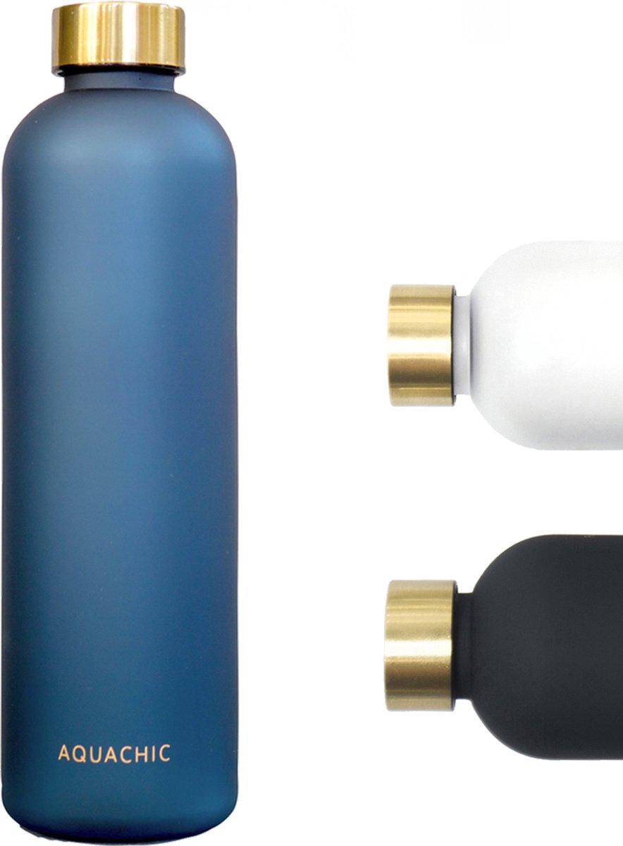 Aquachic - 1L Waterfles met 2 doppen en tijdsmarkeringen - Lekvrij & licht - Duurzaam - Nederlands merk - Drink fles / Bidon- Blauw 1 liter