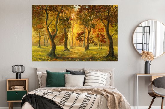 Une illustration d'une forêt au soleil d'automne poster 180x120 cm - Tirage photo sur Poster (décoration murale salon / chambre) / Poster Arbres XXL / Groot format!