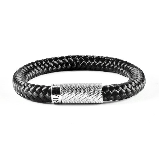 Heren armband zwart touw - Scheepstouw armband 8mm dik - 20,5cm - Stalen magnetische sluiting - Mauro Vinci Vicara Black- met geschenkverpakking