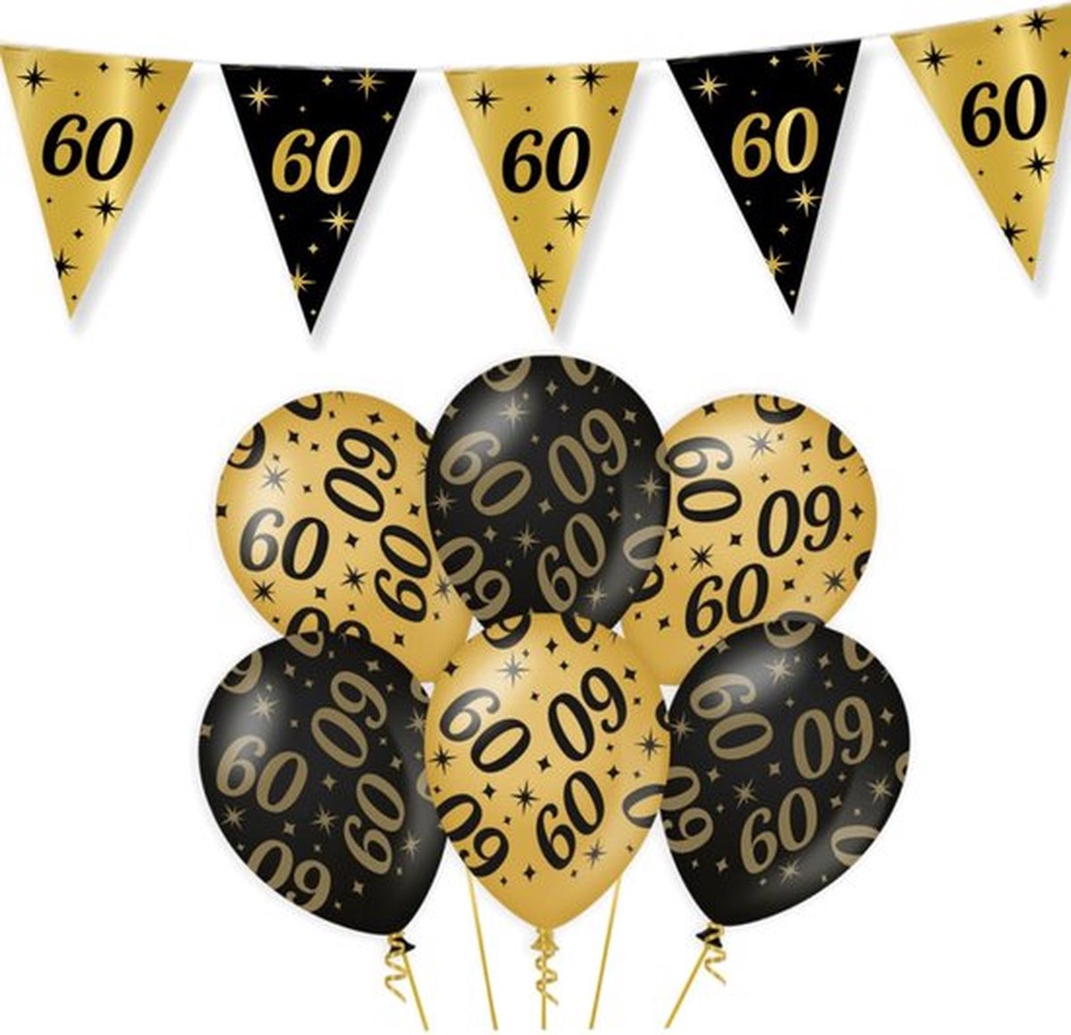 60 Jaar Verjaardag Decoratie Versiering - Feest Versiering - Vlaggenlijn - Ballonnen - Man & Vrouw - Zwart en Goud - Merkloos