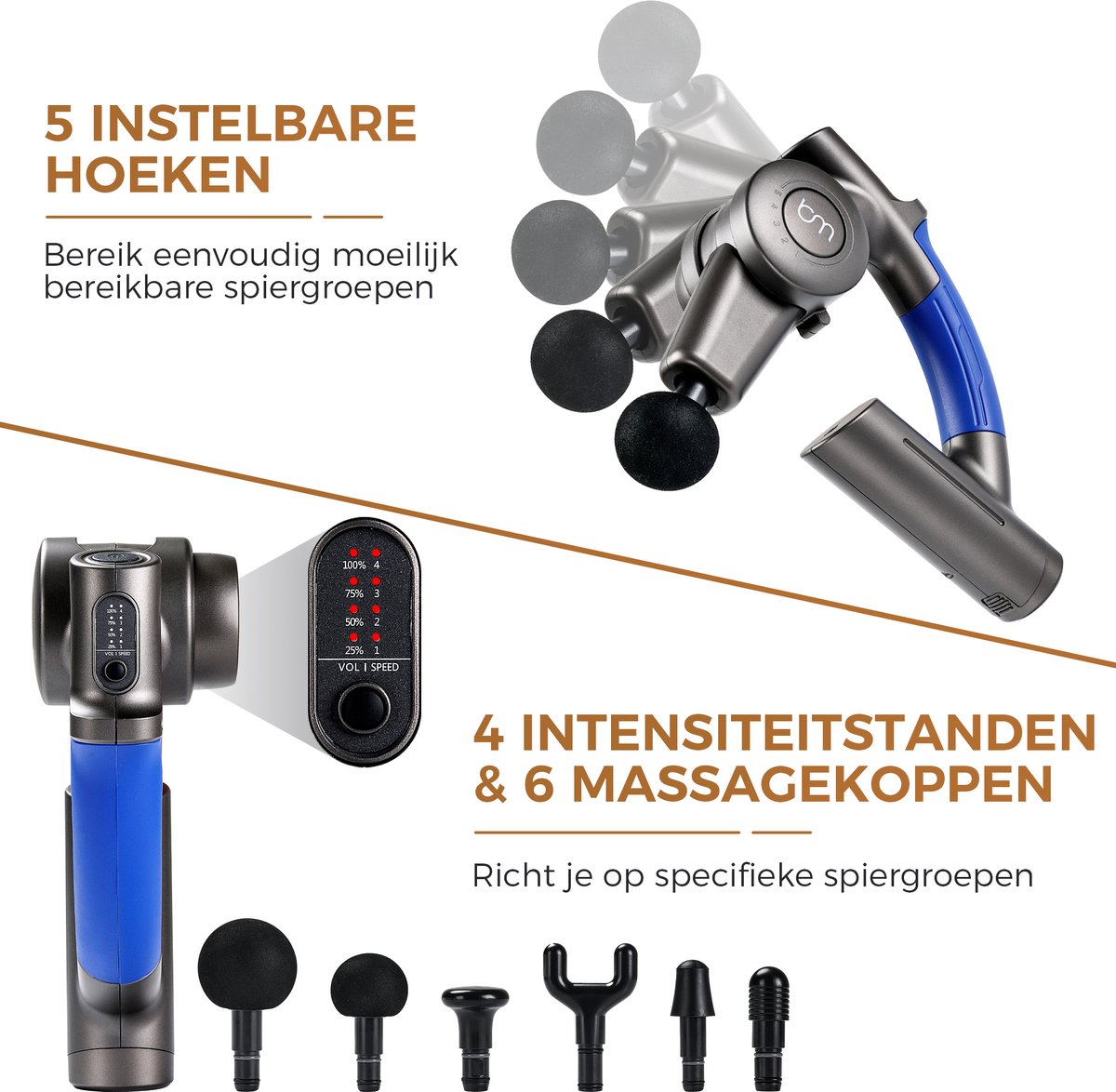 Afbeelding 2 van Bluemay Revolutionaire Massage Gun - 5 verschillende Hoeken - Massageapparaat - Rugmassage - Nekmassage - Spierstimulator - Handmassage