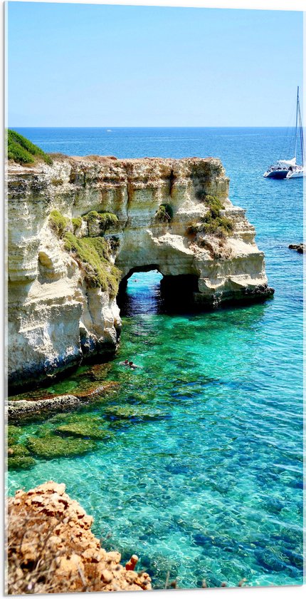 WallClassics - Verre Acrylique - Roche Beige en Mer Bleu Clair - Photo 50x100 cm sur Verre Acrylique (Avec Système de Suspension)