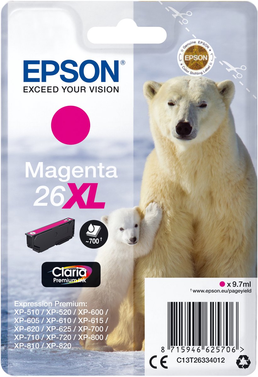 Epson Polar bear Singlepack Magenta 26XL Claria Premium Ink