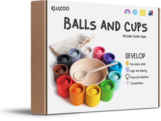 KLUZOO Balls and Cups Houten Speelgoed - KLEUREN en VORMEN - Motoriek Montessori Speelgoed - Educatief speelgoed voor Jongens en Meisjes - KLUZOO