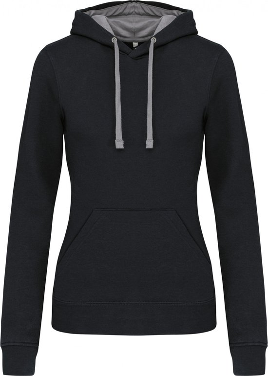 K465 - Damessweater kleur Zwart met capuchon in contrasterende kleur lichtgrijs, maat L