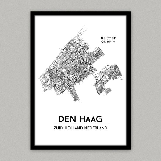 Den Haag city poster, A4 met lijst, plattegrond poster, woonplaatsposter, woonposter