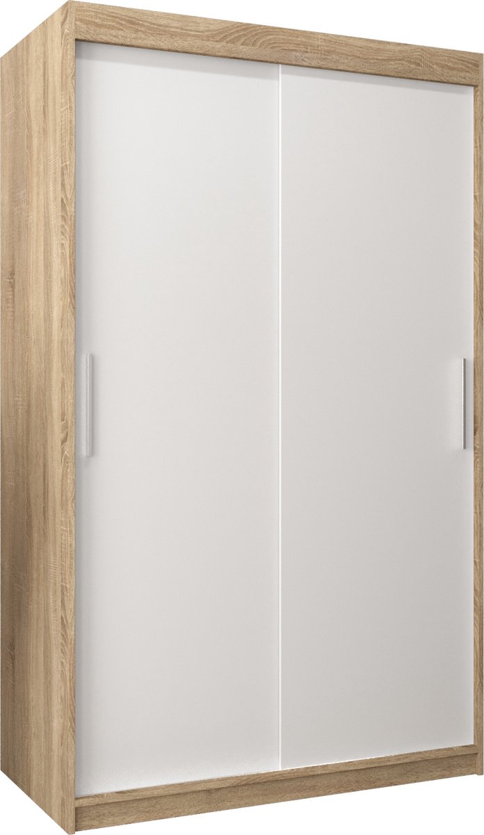 InspireME Kledingkast met 2 schuifdeuren, Modern-stijl, Kledingkast met planken (BxHxD): 120x200x62 - TORM 120 Sonoma Eik + Wit Mat met 2 lades