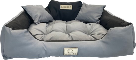 Coussin pour chien gris avec bords noirs et petits coussins. Logo Kingdog visible.
