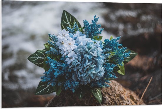 WallClassics - Acrylglas - Foto van een Klein Boeket met Witte en Blauwe Bloemen - 90x60 cm Foto op Acrylglas (Wanddecoratie op Acrylaat)