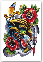 GlittersXL - Temporary Tattoo Japanse zwarte Panter met Rozen (A5 formaat) [Neptattoo - Tijdelijke tatoeage - Nep Fake Tattoos - Water overdraagbare festival sticker henna outfit tattoo - Glitter tattoo - Volwassenen Kinderen Jongen Meisje]