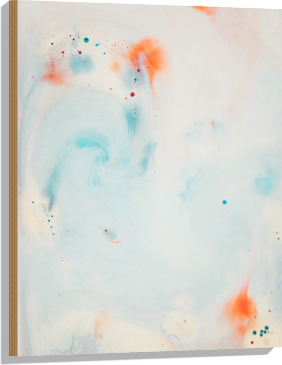WallClassics - Hout - Abstracte Blauw/Oranje Vlekken op Witte Achtergrond - 60x80 cm - 12 mm dik - Foto op Hout (Met Ophangsysteem)
