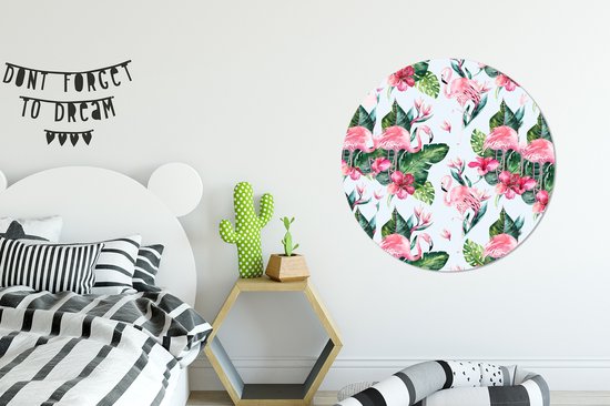 WallCircle - Stickers muraux - Cercle de papier peint - Flamingo - Fleurs - Feuilles - Motif - 100x100 cm - Cercle mural - Autocollant - Autocollant de papier peint rond XXL
