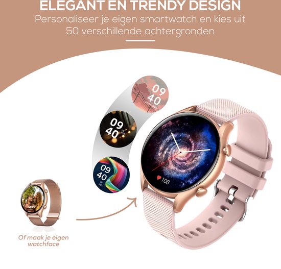 Smartwatch Dames Rosé Goud - iOS en Android - Smartwatches HD Touchscreen - Met Extra Roze Band - Techrie - Techrie