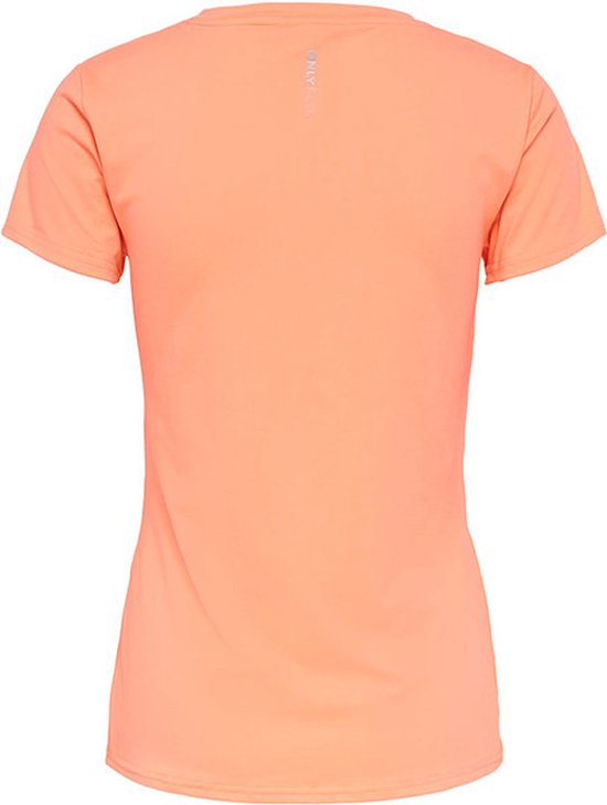 Lichtoranje sportshirt met korte mouwen, zichtbaar van achteren. Logo met tekst op de nek.