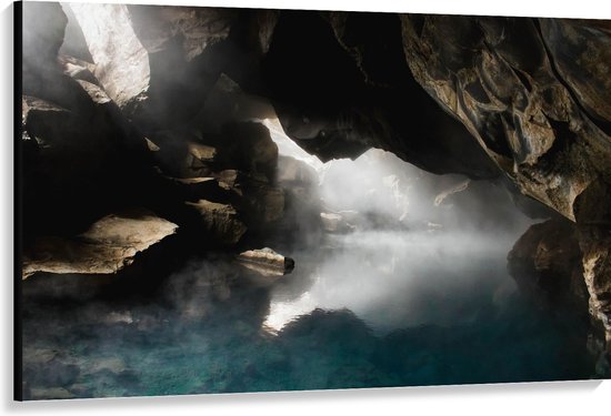 WallClassics - Canvas  - Mist over Water in een Grot - 150x100 cm Foto op Canvas Schilderij (Wanddecoratie op Canvas)