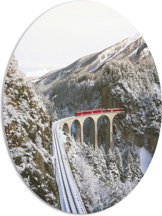WallClassics - PVC Schuimplaat Ovaal - Rode Trein door de Bergen in de Sneeuw - 51x68 cm Foto op Ovaal  (Met Ophangsysteem)