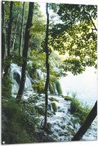 WallClassics - Tuinposter – Waterval tussen de Bomen door - 100x150 cm Foto op Tuinposter  (wanddecoratie voor buiten en binnen)