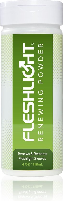 Witte fles met groene band en witte tekst 'Fleshlight Renewing Powder'. 118 ml.