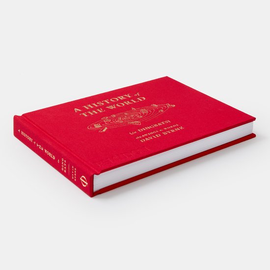 Rode kaft met gouden tekst: 'A HISTORY of THE WORLD (in DINGBATS) DRAWINGS & WORDS DAVID BYRNE' en een cirkelvormige illustratie. Zijaanzicht.