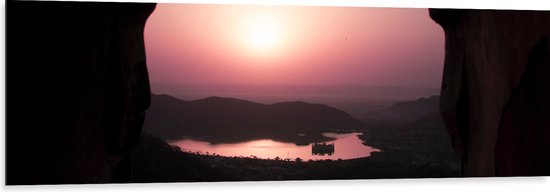 WallClassics - Dibond - Roze Kleurige Zonsondergang - 150x50 cm Foto op Aluminium (Wanddecoratie van metaal)