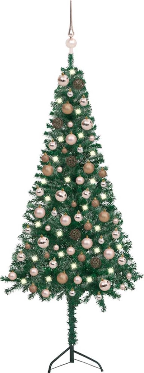 Prolenta Premium - Kunstkerstboom met LED's en kerstballen hoek 120 cm PVC groen