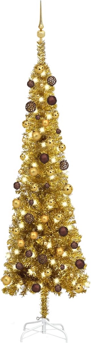 Prolenta Premium - Kerstboom met LED's en kerstballen smal 180 cm goudkleurig