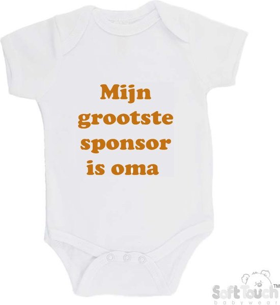 100% katoenen Romper "Mijn grootste sponsor is oma" Unisex Katoen Wit/tan Maat 56/62