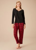 Suwen- Dames 2- Delige -Pyjama- Luxe Pyjamaset- Nachtkleding Zwart/Rood Geruite Maat XL