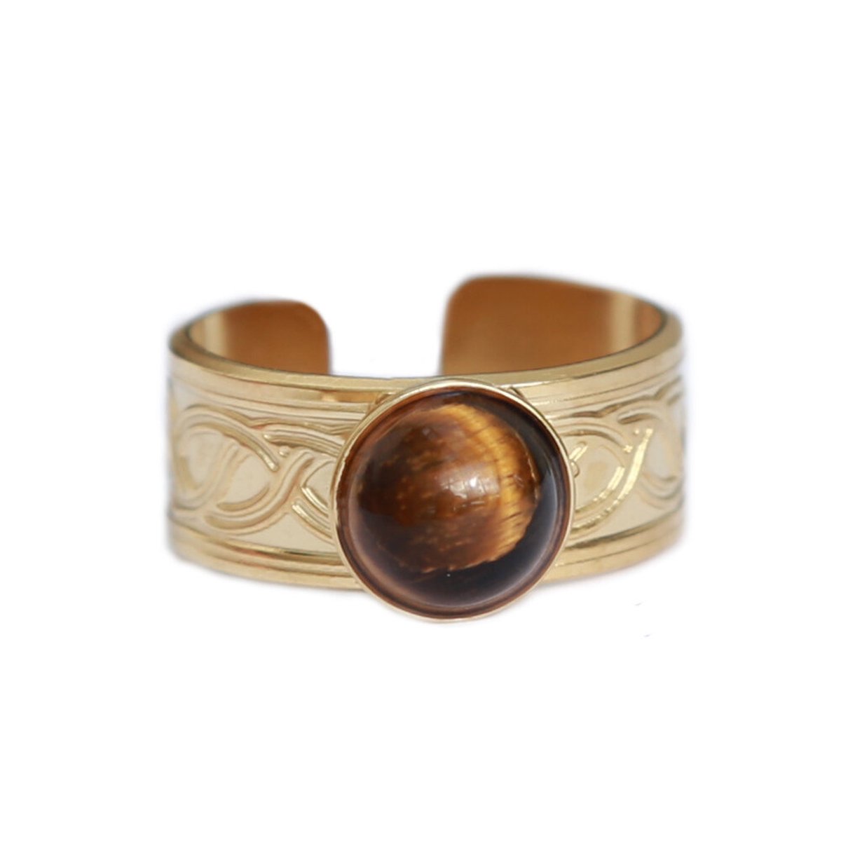 Ring met edelsteen – Tigereye – Boho style – Gold plated – Roestvrij staal – Cape Town Tigereye – Verstelbaar – One size – Feel Good Store – Goud