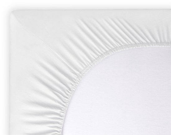 Detail van een wit jersey hoeslaken met elastiek.