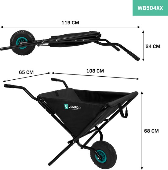 Afmetingen van de opvouwbare kruiwagen: 119x65x24 cm en 108x68 cm.
