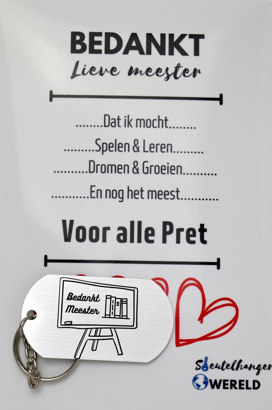 Bedankt meester Sleutelhanger inclusief kaart - meester cadeau - Cadeaupakket meester - einde schooljaar - afscheid - Leuk kado voor je meester om te geven - 2.9 x 5.4CM