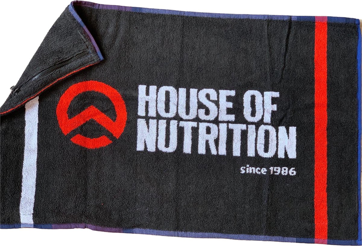 House of Nutrition - Sports Towel (84 x 50 cm - Zwart) met opbergvakjes en sleeve - 100% katoen - Fitness handdoek