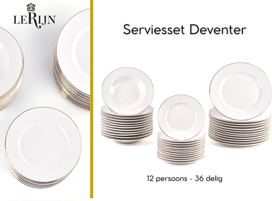 LeRijn® Serviesset Deventer 12 persoons - 36 delig - Licht crème wit met gouden rand en motief - Dinerborden - Soepborden - Dessertborden - Borden servies - Bordenset