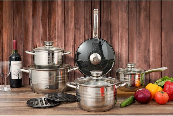 MK - Pannenset Inductie - 12 delig - 5 pannen - kookpotten RVS - PFAS vrij - Geschikt voor alle warmtebronnen - Maison & Kitchen