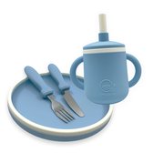 Smikkels - Siliconen Eetset - Bordje, mes, vork en drinkbeker met oren - Blauw - Veilig Kinderservies - kinderbordje - kinderbestek - duurzaam - bestek - servies - kind - kleuter - peuter
