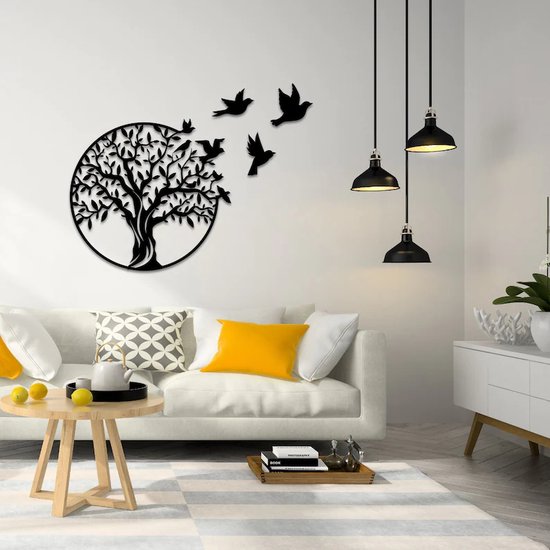 Prachtige Handgemaakte Levensboom met vogels en 3D effect 90x90cm Zwart