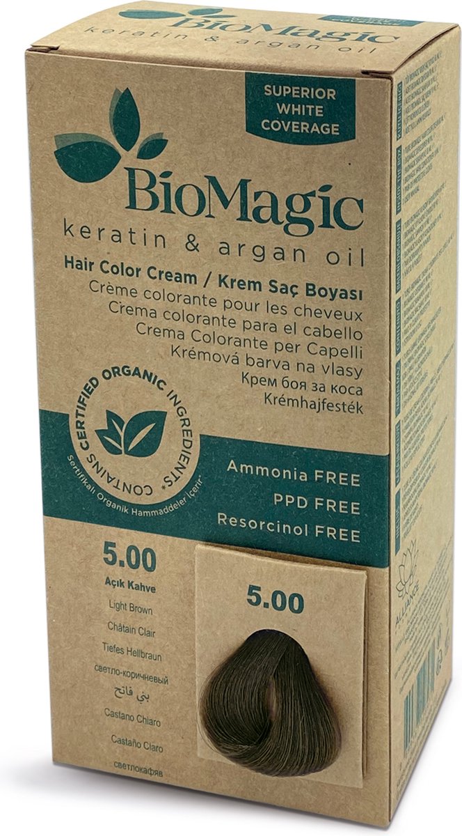 Natuurlijke Permanente Haarverf met Biologische Ingrediënten - BioMagic Biologische Haarverf verrijkt met Keratine en Arganolie - zonder Ammoniak, PPD en Resorcinol - Dierproefvrij - Organic - LICHTBRUIN 5/00
