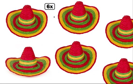 6x Sombrero Carnaval multicolor - mexico carnaval mexicaan thema party hoed hoofddeksel optocht feest landen