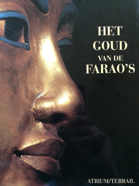 Gouden masker met blauwe oogmake-up, titel "Het Goud van de Farao's".